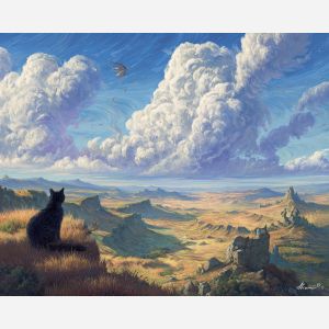 fantasy feline,wind spirit,hills landscape,oil painting