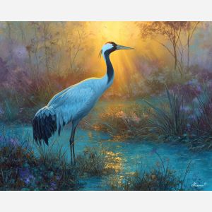fantasy crane spirit,wetland landscape,daylight oil painting