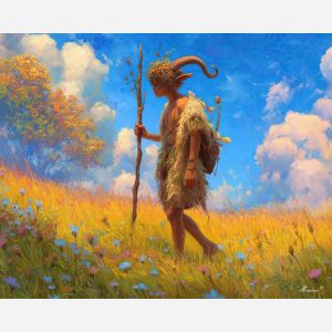 fantasy faun,meadow landscape,daylight oil painting