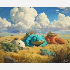 fantasy creatures,open landscape,daylight oil painting