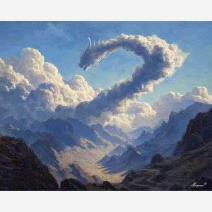 fantasy serpent,cloud creature,mountain landscape,oil painting