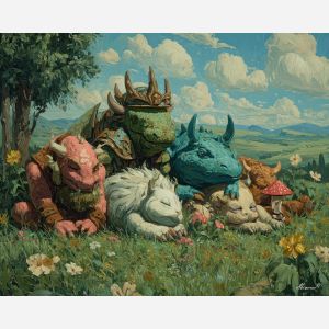 fantasy creatures,day landscape,oil painting