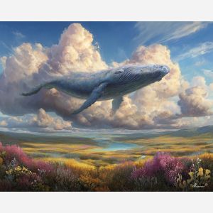 fantasy whale,sky creature,meadow landscape,oil painting
