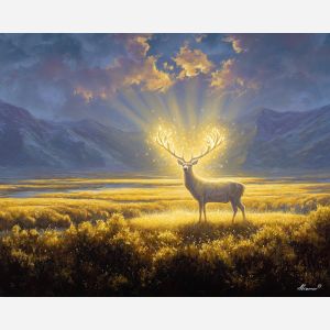 fantasy stag,glowing antlers,open plains,oil painting