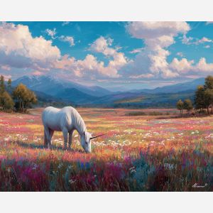 fantasy horse,meadow landscape,daylight oil painting