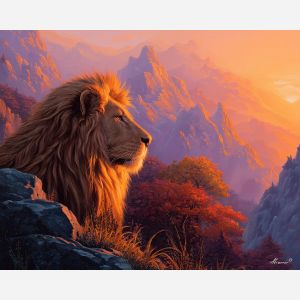 fantasy lion,glowing mane,ridge landscape,oil painting