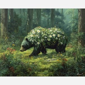 fantasy bear,forest creature,nature magic,oil painting