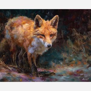 bright, muted, presence, fox, palette knife, oil painting, impasto, thick paint, textured surface, expressive art, painterly style, material depth, visual rhythm, contemporary art, hand painted, layered pigment, atmospheric, modern composition