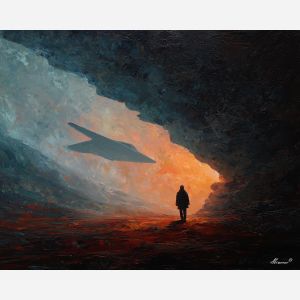 luminous, figure, star wars, palette knife, oil painting, impasto, thick paint, textured surface, expressive art, painterly style, material depth, visual rhythm, contemporary art, hand painted, layered pigment, atmospheric, modern composition