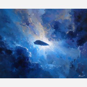 quiet, dreamy, composition, star wars, palette knife, oil painting, impasto, thick paint, textured surface, expressive art, painterly style, material depth, visual rhythm, contemporary art, hand painted, layered pigment, atmospheric, modern composition