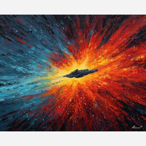 vivid, color, star wars, palette knife, oil painting, impasto, thick paint, textured surface, expressive art, painterly style, material depth, visual rhythm, contemporary art, hand painted, layered pigment, atmospheric, modern composition