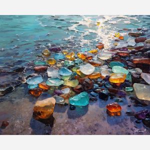 dreamy, composition, sea glass, palette knife, oil painting, impasto, thick paint, textured surface, expressive art, painterly style, material depth, visual rhythm, contemporary art, hand painted, layered pigment, atmospheric, modern composition