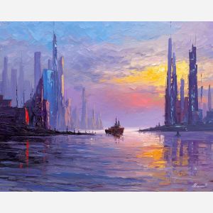 gentle, color, star wars, palette knife, oil painting, impasto, thick paint, textured surface, expressive art, painterly style, material depth, visual rhythm, contemporary art, hand painted, layered pigment, atmospheric, modern composition