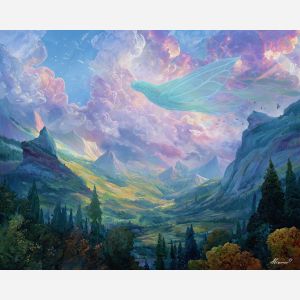 air spirit,elemental being,valley landscape,oil painting