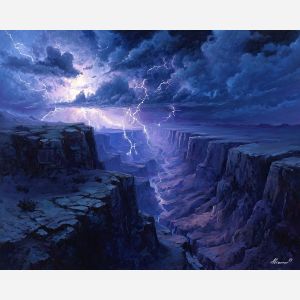 lightning element,canyon landscape,storm light,oil painting