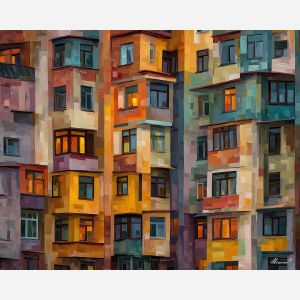 graphic, composition, art deco, palette knife, oil painting, impasto, thick paint, textured surface, expressive art, painterly style, material depth, visual rhythm, contemporary art, hand painted, layered pigment, atmospheric, modern composition