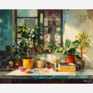 focused, moment, boho, palette knife, oil painting, impasto, thick paint, textured surface, expressive art, painterly style, material depth, visual rhythm, contemporary art, hand painted, layered pigment, atmospheric, modern composition