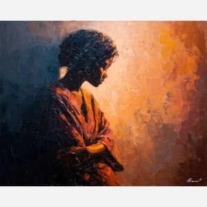 bright, quiet, figure, african american, palette knife, oil painting, impasto, thick paint, textured surface, expressive art, painterly style, material depth, visual rhythm, contemporary art, hand painted, layered pigment, atmospheric, modern composition