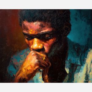 focused, space, african american, palette knife, oil painting, impasto, thick paint, textured surface, expressive art, painterly style, material depth, visual rhythm, contemporary art, hand painted, layered pigment, atmospheric, modern composition