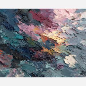 muted, flowing, space, manga, palette knife, oil painting, impasto, thick paint, textured surface, expressive art, painterly style, material depth, visual rhythm, contemporary art, hand painted, layered pigment, atmospheric, modern composition