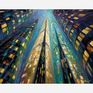 luminous, space, art deco, palette knife, oil painting, impasto, thick paint, textured surface, expressive art, painterly style, material depth, visual rhythm, contemporary art, hand painted, layered pigment, atmospheric, modern composition