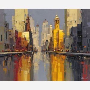 warm, color, art deco, palette knife, oil painting, impasto, thick paint, textured surface, expressive art, painterly style, material depth, visual rhythm, contemporary art, hand painted, layered pigment, atmospheric, modern composition