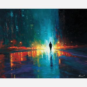 dreamy, drifting, figure, neon, palette knife, oil painting, impasto, thick paint, textured surface, expressive art, painterly style, material depth, visual rhythm, contemporary art, hand painted, layered pigment, atmospheric, modern composition