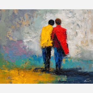 graphic, gesture, gay, palette knife, oil painting, impasto, thick paint, textured surface, expressive art, painterly style, material depth, visual rhythm, contemporary art, hand painted, layered pigment, atmospheric, modern composition