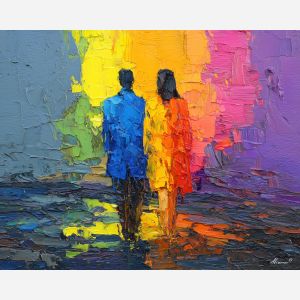 vivid, luminous, scene, gay, palette knife, oil painting, impasto, thick paint, textured surface, expressive art, painterly style, material depth, visual rhythm, contemporary art, hand painted, layered pigment, atmospheric, modern composition
