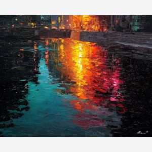 luminous, moment, neon, palette knife, oil painting, impasto, thick paint, textured surface, expressive art, painterly style, material depth, visual rhythm, contemporary art, hand painted, layered pigment, atmospheric, modern composition