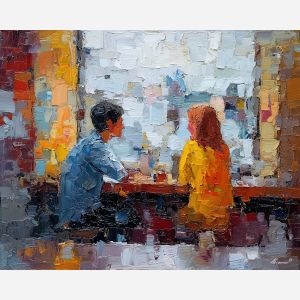 charged, gentle, composition, african american, palette knife, oil painting, impasto, thick paint, textured surface, expressive art, painterly style, material depth, visual rhythm, contemporary art, hand painted, layered pigment, atmospheric, modern composition