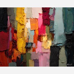 focused, vivid, presence, boho, palette knife, oil painting, impasto, thick paint, textured surface, expressive art, painterly style, material depth, visual rhythm, contemporary art, hand painted, layered pigment, atmospheric, modern composition