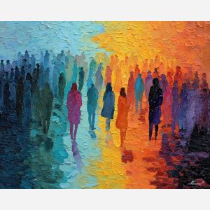 vivid, scene, gay, palette knife, oil painting, impasto, thick paint, textured surface, expressive art, painterly style, material depth, visual rhythm, contemporary art, hand painted, layered pigment, atmospheric, modern composition