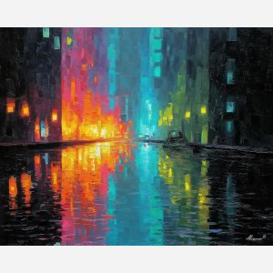 flowing, scene, neon, palette knife, oil painting, impasto, thick paint, textured surface, expressive art, painterly style, material depth, visual rhythm, contemporary art, hand painted, layered pigment, atmospheric, modern composition