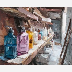 still, plane, funny bathroom, palette knife, oil painting, impasto, thick paint, textured surface, expressive art, painterly style, material depth, visual rhythm, hand painted, layered pigment, atmospheric, fine art, contemporary painting