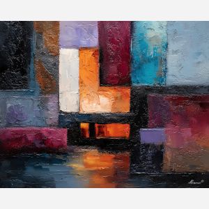 moody, open, depth, geometric abstract, palette knife, oil painting, impasto, thick paint, textured surface, expressive art, painterly style, material depth, visual rhythm, hand painted, layered pigment, atmospheric, fine art, contemporary painting