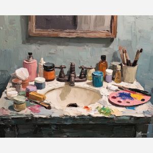open, focus, funny bathroom, palette knife, oil painting, impasto, thick paint, textured surface, expressive art, painterly style, material depth, visual rhythm, hand painted, layered pigment, atmospheric, fine art, contemporary painting