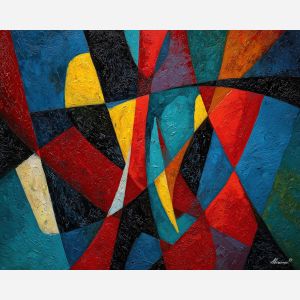 bold, strange, tension, geometric abstract, palette knife, oil painting, impasto, thick paint, textured surface, expressive art, painterly style, material depth, visual rhythm, hand painted, layered pigment, atmospheric, fine art, contemporary painting