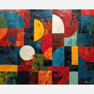 playful, tension, geometric abstract, palette knife, oil painting, impasto, thick paint, textured surface, expressive art, painterly style, material depth, visual rhythm, hand painted, layered pigment, atmospheric, fine art, contemporary painting