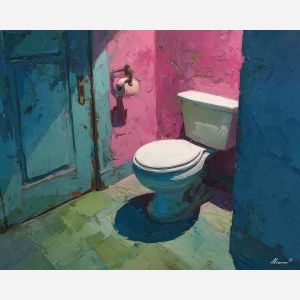 soft, twisted, interval, funny bathroom, palette knife, oil painting, impasto, thick paint, textured surface, expressive art, painterly style, material depth, visual rhythm, hand painted, layered pigment, atmospheric, fine art, contemporary painting