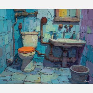 broken, depth, funny bathroom, palette knife, oil painting, impasto, thick paint, textured surface, expressive art, painterly style, material depth, visual rhythm, hand painted, layered pigment, atmospheric, fine art, contemporary painting