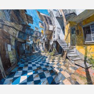 graphic, silence, alice in wonderland, palette knife, oil painting, impasto, thick paint, textured surface, expressive art, painterly style, material depth, visual rhythm, hand painted, layered pigment, atmospheric, fine art, contemporary painting