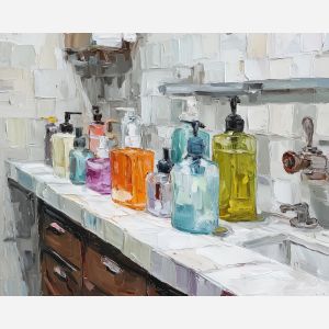 silent, sharp, surface, funny bathroom, palette knife, oil painting, impasto, thick paint, textured surface, expressive art, painterly style, material depth, visual rhythm, hand painted, layered pigment, atmospheric, fine art, contemporary painting