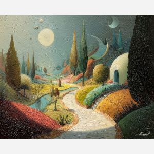 subtle, odd, figure, alice in wonderland, palette knife, oil painting, impasto, thick paint, textured surface, expressive art, painterly style, material depth, visual rhythm, hand painted, layered pigment, atmospheric, fine art, contemporary painting