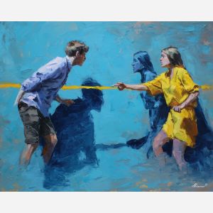 focused, sharp, tension, alice in wonderland, palette knife, oil painting, impasto, thick paint, textured surface, expressive art, painterly style, material depth, visual rhythm, hand painted, layered pigment, atmospheric, fine art, contemporary painting