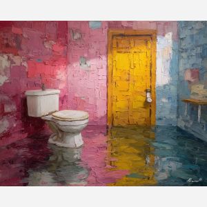 dense, floating, trace, funny bathroom, palette knife, oil painting, impasto, thick paint, textured surface, expressive art, painterly style, material depth, visual rhythm, hand painted, layered pigment, atmospheric, fine art, contemporary painting