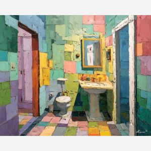 broken, still, focus, funny bathroom, palette knife, oil painting, impasto, thick paint, textured surface, expressive art, painterly style, material depth, visual rhythm, hand painted, layered pigment, atmospheric, fine art, contemporary painting
