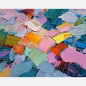 playful, floating, trace, geometric abstract, palette knife, oil painting, impasto, thick paint, textured surface, expressive art, painterly style, material depth, visual rhythm, hand painted, layered pigment, atmospheric, fine art, contemporary painting