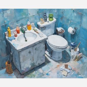 dense, plane, funny bathroom, palette knife, oil painting, impasto, thick paint, textured surface, expressive art, painterly style, material depth, visual rhythm, hand painted, layered pigment, atmospheric, fine art, contemporary painting