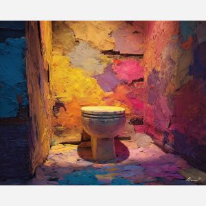 floating, tense, trace, funny bathroom, palette knife, oil painting, impasto, thick paint, textured surface, expressive art, painterly style, material depth, visual rhythm, hand painted, layered pigment, atmospheric, fine art, contemporary painting